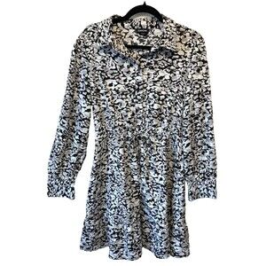 bebe Shift Dress‎ Womens XL Black White Geo Print Silk Long Sleeve Travel